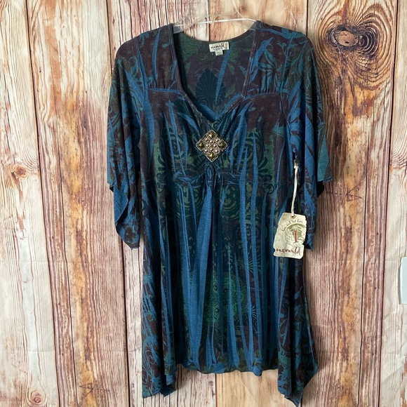 One World Live and Let Live Size Large Blue‎ Green  Butterfly Sleeve Blouse NWT - Picture 1 of 12